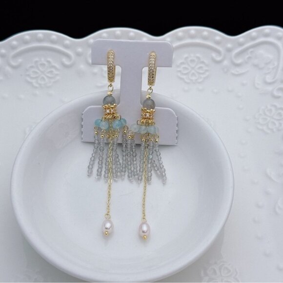 E100 Handmade Freshwater Pearl Aqua Marine  Labradorite Earrings - Picture 1 of 4